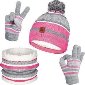 SATINIOR 3 Pcs Kids Hat Scarf Gloves Set Toddler Winter Knit Beanie Pompom Cap Fleece Lined Beanie Neck Warmer Gaiter Neck Scarf Knitted Mittens Snow Gloves for Boys Girls Age 2-7, One Size in Saudi Arabia