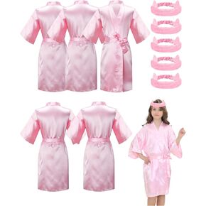 EPLAZA 10 Pieces Kids Girls Satin Robe and Hair Bands for Birthday Spa Bridal Party Flower Girls Wedding Robes Kimono