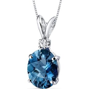 Peora London Blue Topaz with Diamond Solitaire Pendant for Women 14K White Gold, Genuine Gemstone Birthstone, 3 Carats Oval Shape 10x8mm in Saudi Arabia