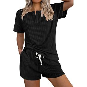 Ekouaer Womens 2 Piece Lounge Sets Ribbed Knit Pajama Tops Sleepwear Sweatsuits Matching Shorts with Pockets