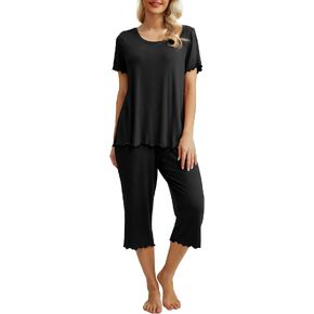 PrinStory Women's Pajamas Set 2023 Short Sleeve Sleepwear and Capri Pants Soft Pjs Sets Loungewear with Pockets