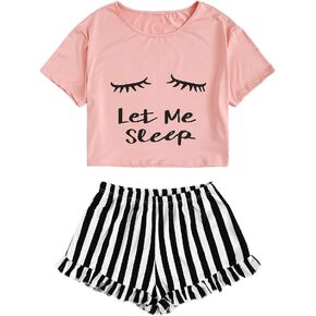 WDIRARA Women's Sleepwear Closed Eyes Print Tee and Shorts Cute Pajama Set in Kuwait