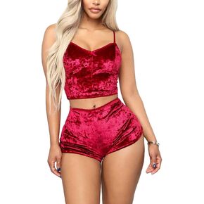 Angsuttc Women's Velvet 2 Piece Outfit Spaghetti Strap Sleeveless Crop Top+ Shorts Set