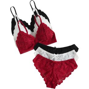 GORGLITTER Women's 3 Pack Floral Lace Solid Lingerie Set Scallop Trim Wireless Bralette Bra and Panty Sets