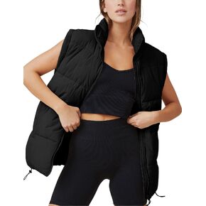 Watashi Women's Quilted Puffer Vest Stand Collar Fall Drawstring Zip Up Sleeveless Gilet Jacket