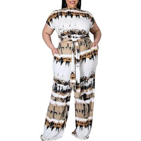 SOMTHRON Women's Plus Size 2 Piece Outfits Tie Dye Print Short Sleeve Tied Knot Crop Top Wide Leg Pockets Long Pants Set