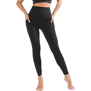 سراويل ضيقة للنساء للتحكم في البطن مع جيوب، سراويل ضيقة عالية الخصر لرفع المؤخرة بدون درزات أمامية، سراويل ضغط سراويل يوجا لتشكيل الجسم - أسود كبير in Kuwait