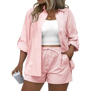 IN'VOLAND Women's Plus Size 2 Piece Outfits Cotton Linen Shirt and Drawstring Shorts Set Summer Casual Tracksuits 2023