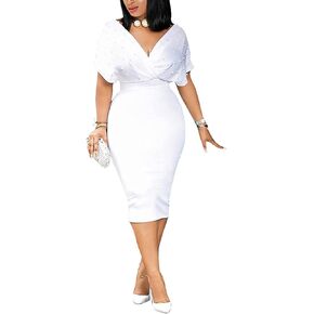 qfmqkpi Women Elegant Pearls Deep V Neck Wrap Bodycon Dress Back Zipper Pencil Midi Dress in Saudi Arabia