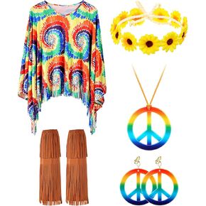 Unittype Women Hippie Costume Set Tie Dye Poncho Costume Halloween Peace Accessories for Party in Kuwait