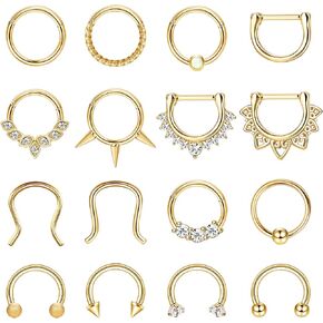 YADOCA 16PCS 16G Septum Rings Septum Jewelry Stainless Steel Septum Clicker Nose Rings Hoops for Women Men Horseshoe Daith Helix Tragus Cartilage Earrings Piercing Jewelry Gold Silver Black Tone 8MM