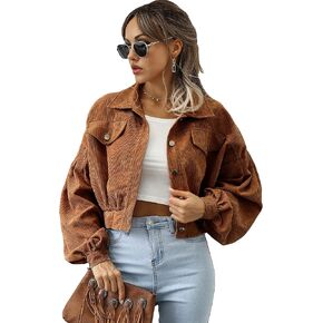 Qiaomai Womens Cropped Corduroy Jacket Loose Button Down Puff Sleeve Shacket Coat