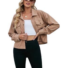 Blooming Jelly Womens Corduroy Jacket Cropped Plaid Shacket Button Down Long Sleeve Shirts with Pockets