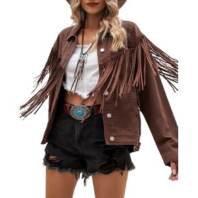 Vetinee Denim Jacket for Women Fringe Trucker Jean Jacket Distressed Western Cowgirl Shacket Jackets Coachella Festival