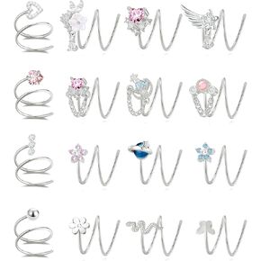 Akeoqi 16PCS Double Nose Ring Hoop For Single Piercing Stainless Steel Dangle Spiral Nose Rings Snake Flower Butterfly Planet Angel Wings Heart Ball Twist Earring Hoops Body Piercing Jewelry For Women