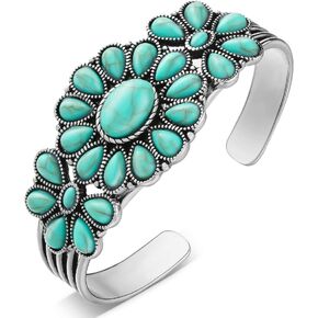 Bonuci Turquoise Bracelet Women Western Style Jewelry Turquoise Cuff Bracelet Adjustable Cluster Flower Silver Bracelet Turquoise Stone Bracelet for Women Girls Retro Party