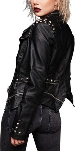 Women's Faux Leather Jacket Punk Studded Moto Jacket in Kuwait