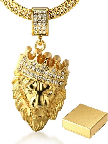 Halukakah Gold Chain for Men Necklace 18k Real Gold Plated Fully Iced Out Crown Lion Pendant Lab Diamonds Prong Set with Sharktail Chain 30",Designed Goldfoil Giftbox in Kuwait