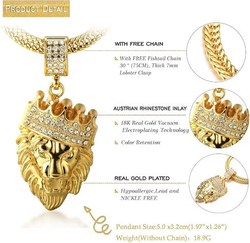 Halukakah Gold Chain for Men Necklace 18k Real Gold Plated Fully Iced Out Crown Lion Pendant Lab Diamonds Prong Set with Sharktail Chain 30",Designed Goldfoil Giftbox in Kuwait