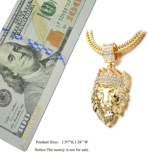 Halukakah Gold Chain for Men Necklace 18k Real Gold Plated Fully Iced Out Crown Lion Pendant Lab Diamonds Prong Set with Sharktail Chain 30",Designed Goldfoil Giftbox in Kuwait
