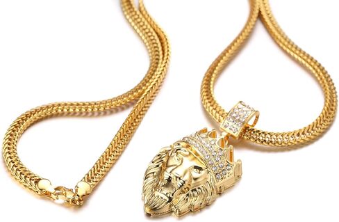 Halukakah Gold Chain for Men Necklace 18k Real Gold Plated Fully Iced Out Crown Lion Pendant Lab Diamonds Prong Set with Sharktail Chain 30",Designed Goldfoil Giftbox in Kuwait