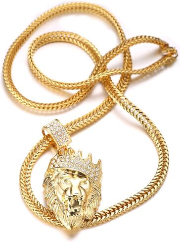 Halukakah Gold Chain for Men Necklace 18k Real Gold Plated Fully Iced Out Crown Lion Pendant Lab Diamonds Prong Set with Sharktail Chain 30",Designed Goldfoil Giftbox in Kuwait