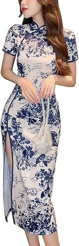 المرأة الحديثة شيونغسام فستان ماكسي الأزهار طباعة قصيرة الأكمام سليم صالح الكاحل طول Bodycon تشيباو فستان صيني تقليدي in Kuwait