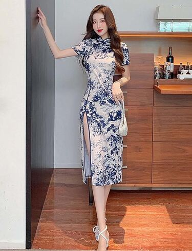 المرأة الحديثة شيونغسام فستان ماكسي الأزهار طباعة قصيرة الأكمام سليم صالح الكاحل طول Bodycon تشيباو فستان صيني تقليدي in Kuwait