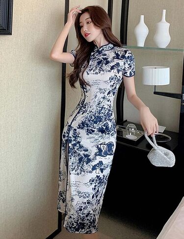 المرأة الحديثة شيونغسام فستان ماكسي الأزهار طباعة قصيرة الأكمام سليم صالح الكاحل طول Bodycon تشيباو فستان صيني تقليدي in Kuwait