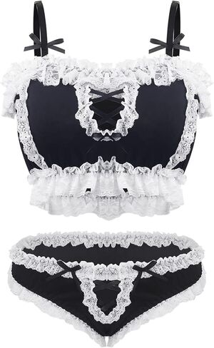 paloli Women Cute Lingerie Set Sweet Maid Style Underwear Kawaii Bikini Wirless Bra and Panty Black in Kuwait