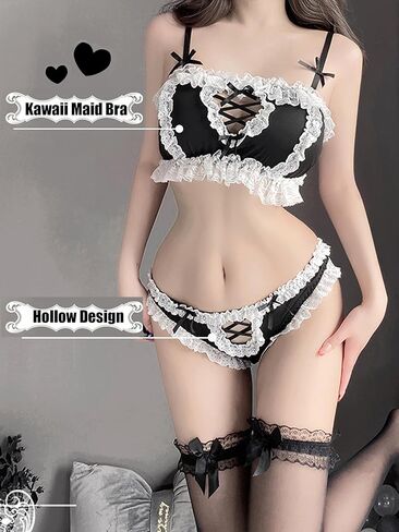 paloli Women Cute Lingerie Set Sweet Maid Style Underwear Kawaii Bikini Wirless Bra and Panty Black in Kuwait
