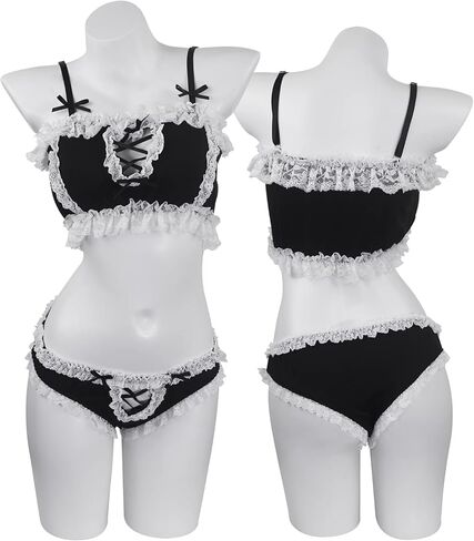paloli Women Cute Lingerie Set Sweet Maid Style Underwear Kawaii Bikini Wirless Bra and Panty Black in Kuwait