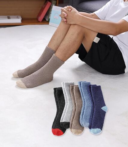 SDBING Mens Fuzzy Socks Soft Cozy Microfiber Fluffy Slipper Socks Plush Winter Warm Sleeping Socks 5 Pairs in Kuwait