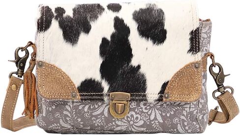 Myra Bag Snowy Fusion Upcycled Canvas & Cowhide Messenger Bag S-1485 in Saudi Arabia