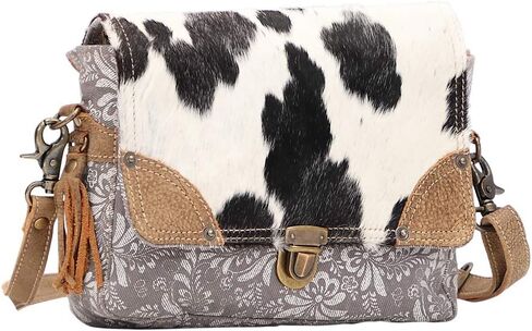 Myra Bag Snowy Fusion Upcycled Canvas & Cowhide Messenger Bag S-1485 in Saudi Arabia