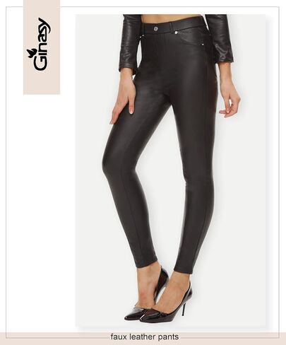 Ginasy Faux Leather Pants for Women High Waisted Stretch Tummy Control Dressy Pleather Leggings with Pockets in Kuwait
