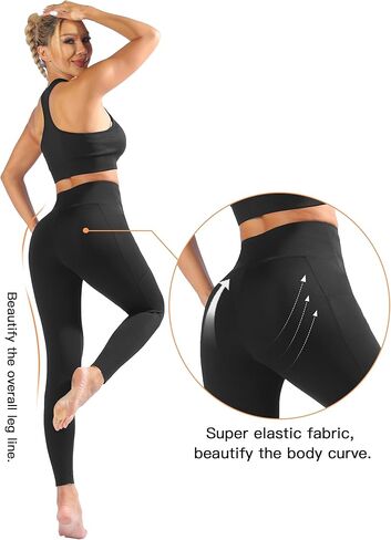 سراويل ضيقة للنساء للتحكم في البطن مع جيوب، سراويل ضيقة عالية الخصر لرفع المؤخرة بدون درزات أمامية، سراويل ضغط سراويل يوجا لتشكيل الجسم - أسود كبير in Kuwait