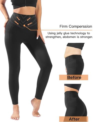 سراويل ضيقة للنساء للتحكم في البطن مع جيوب، سراويل ضيقة عالية الخصر لرفع المؤخرة بدون درزات أمامية، سراويل ضغط سراويل يوجا لتشكيل الجسم - أسود كبير in Kuwait