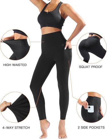 سراويل ضيقة للنساء للتحكم في البطن مع جيوب، سراويل ضيقة عالية الخصر لرفع المؤخرة بدون درزات أمامية، سراويل ضغط سراويل يوجا لتشكيل الجسم - أسود كبير in Kuwait