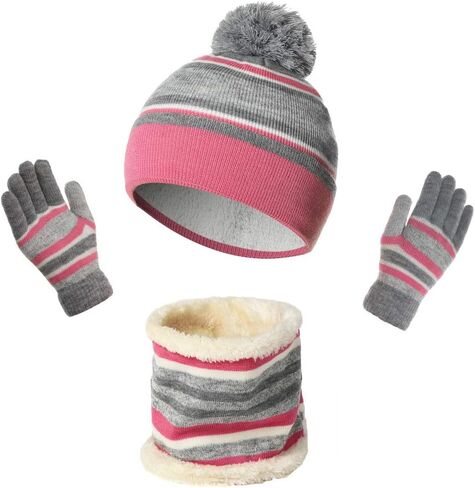 مجموعة قبعات شتوية محبوكة للأطفال من Go Mai + وشاح + قفازات، تتضمن قبعة دافئة وقفازات لجميع الأصابع ورقبة دائرية دافئة in Kuwait
