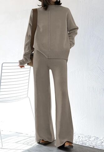 HUUSA Women's 2 Piece Sweatsuit Outfits Long Sleeve High Neck Knit Pullover Sweater Top High Waist Wide Legs Pants Lounge Set in Saudi Arabia