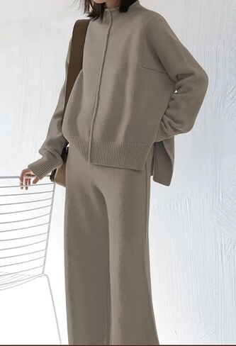 HUUSA Women's 2 Piece Sweatsuit Outfits Long Sleeve High Neck Knit Pullover Sweater Top High Waist Wide Legs Pants Lounge Set in Saudi Arabia