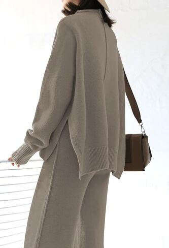 HUUSA Women's 2 Piece Sweatsuit Outfits Long Sleeve High Neck Knit Pullover Sweater Top High Waist Wide Legs Pants Lounge Set in Saudi Arabia