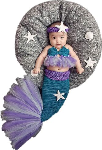 ملابس أطفال حديثي الولادة محبوكة التصوير الفوتوغرافي حورية البحر حمالة ذيل طفل دعم الزي زي طفل كروشيه ملابس البنات مجموعة الكروشيه اليدوية الكروشيه حورية البحر in Kuwait