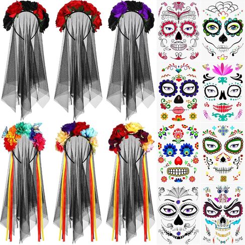 Zeyune 14 Pieces Halloween Cosplay Accessories Mexican Rose Flower Crown Headband Veil Day of The Dead Headband Sugar Skull Floral Face Tattoos for Women Men Adult Kids Party Cosplay in Saudi Arabia