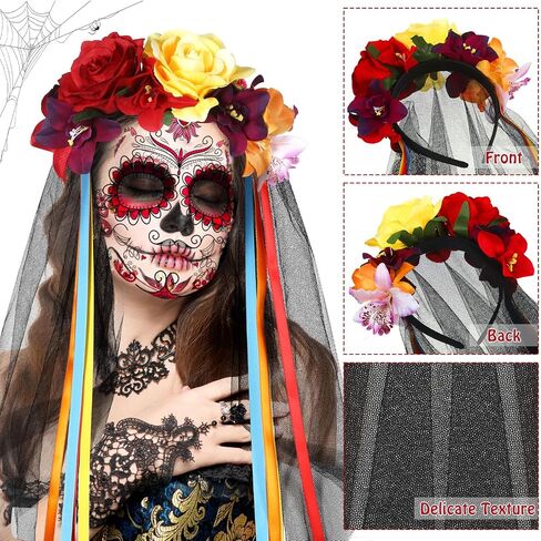 Zeyune 14 Pieces Halloween Cosplay Accessories Mexican Rose Flower Crown Headband Veil Day of The Dead Headband Sugar Skull Floral Face Tattoos for Women Men Adult Kids Party Cosplay in Saudi Arabia