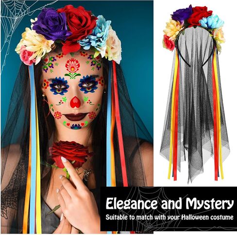 Zeyune 14 Pieces Halloween Cosplay Accessories Mexican Rose Flower Crown Headband Veil Day of The Dead Headband Sugar Skull Floral Face Tattoos for Women Men Adult Kids Party Cosplay in Saudi Arabia