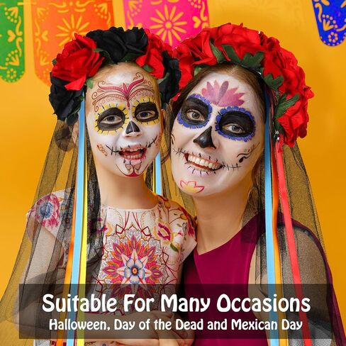 Zeyune 14 Pieces Halloween Cosplay Accessories Mexican Rose Flower Crown Headband Veil Day of The Dead Headband Sugar Skull Floral Face Tattoos for Women Men Adult Kids Party Cosplay in Saudi Arabia