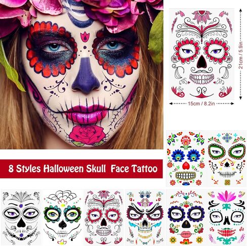 Zeyune 14 Pieces Halloween Cosplay Accessories Mexican Rose Flower Crown Headband Veil Day of The Dead Headband Sugar Skull Floral Face Tattoos for Women Men Adult Kids Party Cosplay in Saudi Arabia