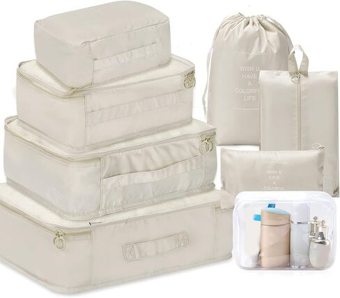 8 Set Packing Cubes - WantGor 6 Travel Organizer Luggage Compression Pouches + 1 Shoes Bag+ 1 Clear Toiletry Bag in Kuwait